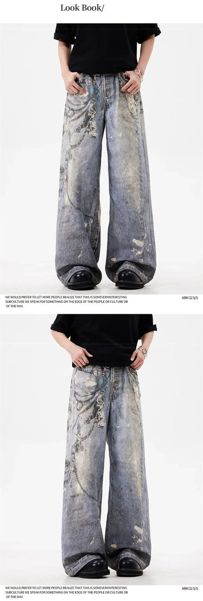 new 3d chain printed baggy jeans for men and women casual baggy straight denim pants high street wide leg y2k blue jean unique jeans style 430