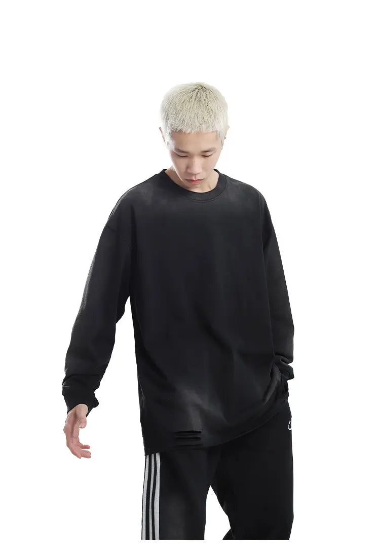 Men's Streetwear Hole Washed Cotton Long Sleeve Loose Casual T Shirt Tiki Y2k Clothes Oversized T-shirt for Men Tops Tshirt Street King Limited