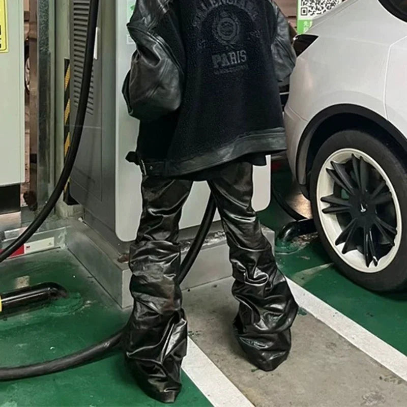 high street wide leg glossy pu leather pants sashes boot cut men and wome straight baggy casual jeans oversized flared trousers unique jeans style 3633