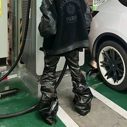 high street wide leg glossy pu leather pants sashes boot cut men and wome straight baggy casual jeans oversized flared trousers unique jeans style 3633
