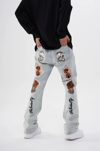 fashion back skull letters embroidery denim flare jeans mens zipper straight trouser hip hop streetwear pants joggers jeans men unique joggers style 5104