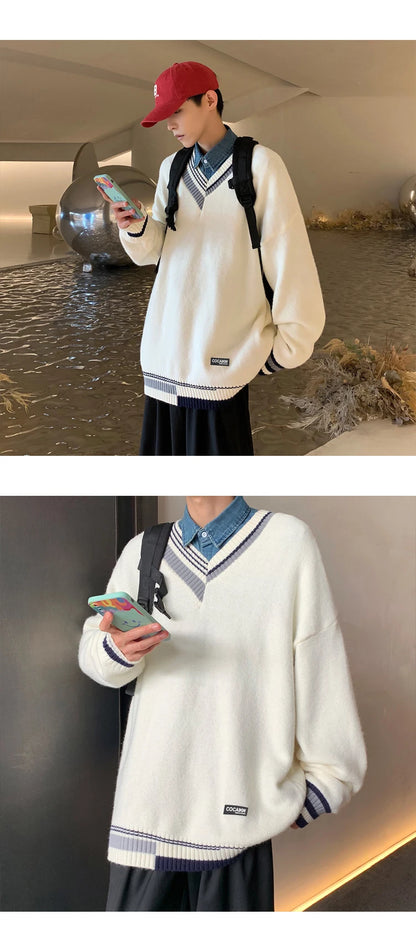 Pullovers Men Sweater Patchwork Ins Fashion Winter Design Couple V-neck Harajuku Knitwear Loose Students Simple Ropa Para Hombre Street King Limited