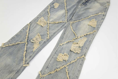 vintage ripped patchwork baggy jeans mens streetwear hip hop loose blue jeans trousers y2k distressed straight denim pants man unique jeans style 4224