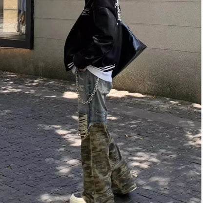 Trendy Camo Cowboy Cargo Pants Mens Spring Autumn Elasticity Fashion Harajuku Patchwork Straight Jeans New Washed Denim Trousers Street King Limited