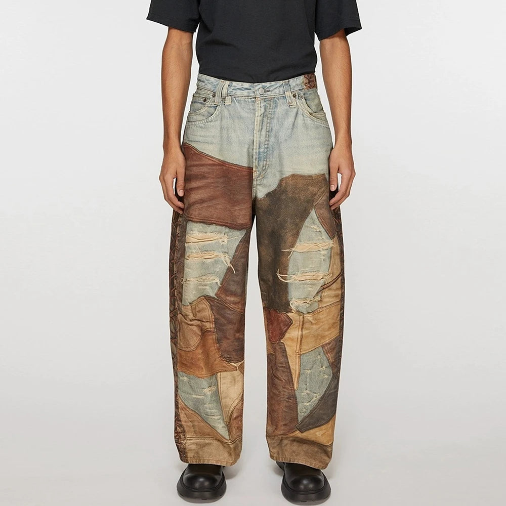 new autumn frayed patchwork baggy jeans pants for men and women straight ripped casual denim trousers oversized loose cargos utility cargo pants
