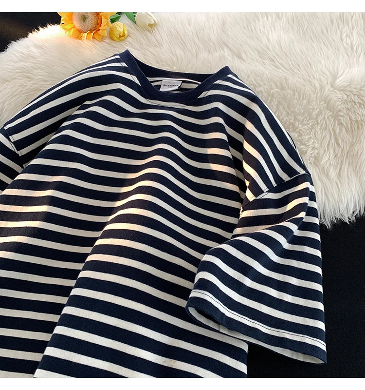 Japanese Striped Contrasting Color Short-Sleeved T-Shirt Men's Summer Pure Cotton 280g Heavy Loose Half-Sleeved T-Shirt Street King Limited