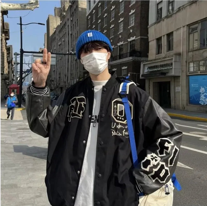 american retro mens baseball uniform street harajuku patchwork leather loose jackets color block towel embroidery trend coats unique default style 2916