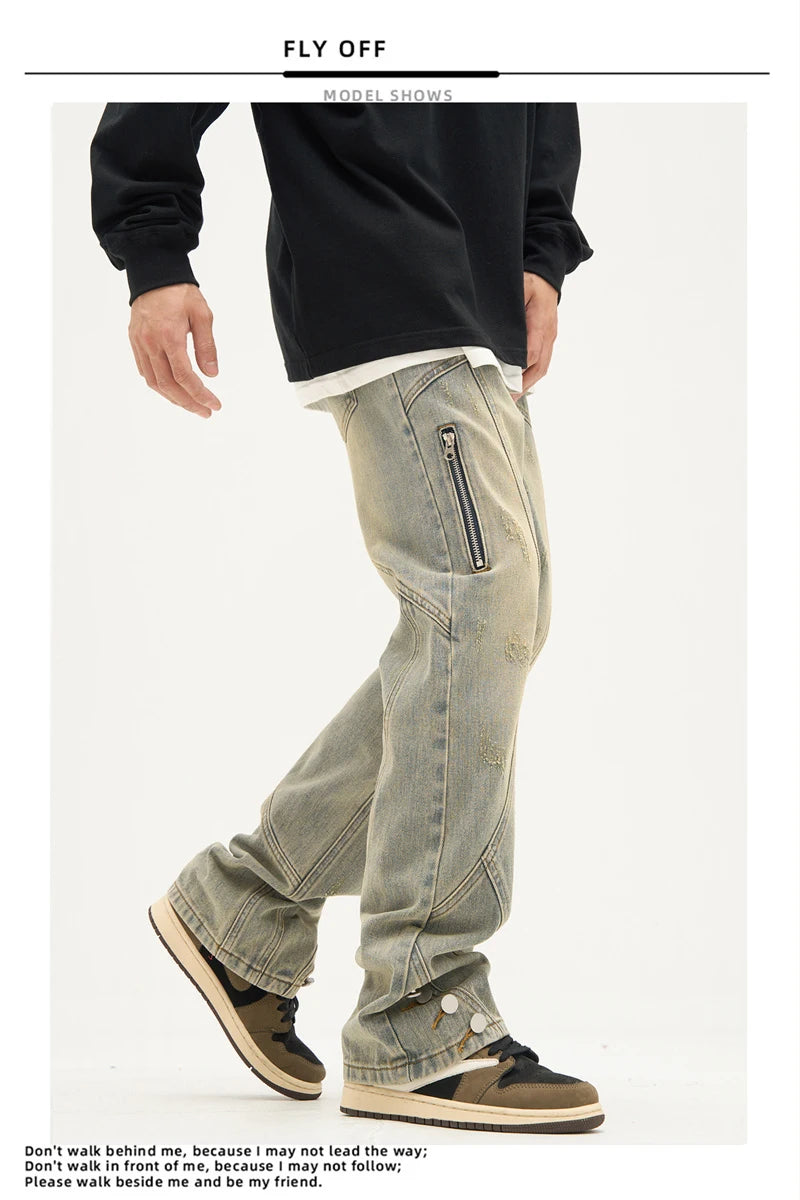 american high street retro straight jeans men casual patchwork y2k denim pants hip hop streetwear zipper baggy cargo jean unique cargo style 3120