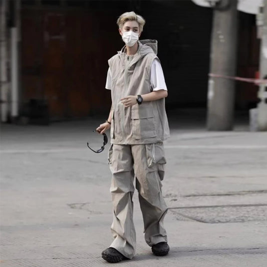summer casual sleeveless set men hip hop loose hooded vest pockets straight leg cargo pants 2 piece outdoors sports camp suit combat utility trousers