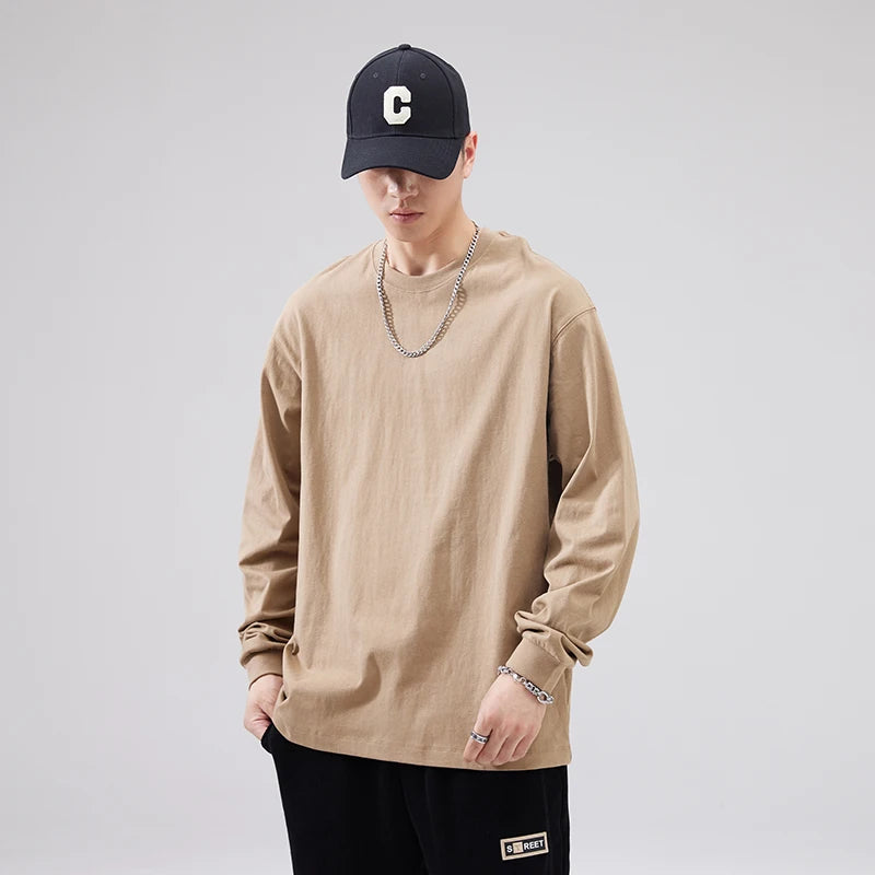 Cotton Long-Sleeved T-Shirt Men's Spring And Autumn Basic Solid Color Inner Loose Sweatshirt Men's White Bottoming Shirt Street King Limited