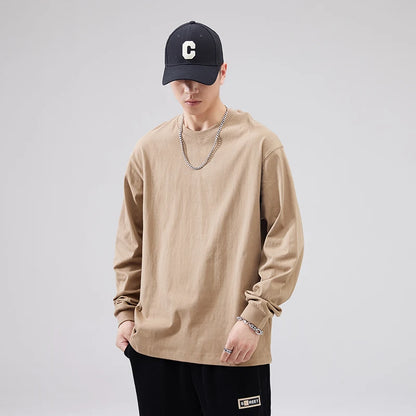 Cotton Long-Sleeved T-Shirt Men's Spring And Autumn Basic Solid Color Inner Loose Sweatshirt Men's White Bottoming Shirt Street King Limited