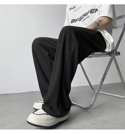 summer texture straight pants for men korean fashion baggy wide leg trousers casual drape pleated striped y2k pantalones hombre unique default style 491