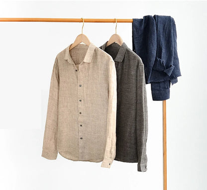 Vintage Linen Shirt Men Spring Autumn New Khaki Lapel Loose Long Sleeve Shirt Retro Casual Solid Breathable Cardigan Top Tees Street King Limited