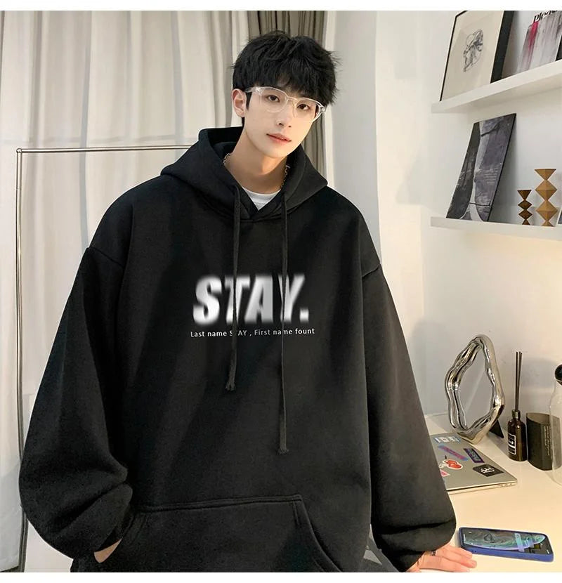 New in Letter STAY Print Sweatshirts Men Casual Vintage Fleece Pullovers Hoodies Autumn Y2K Streetwear Baggy Hoody Clothes Street King Limited