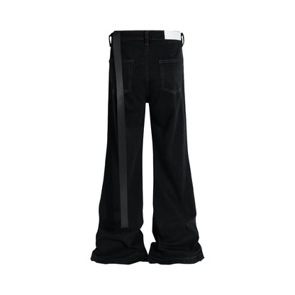 RO Style Ribbons slightly Stretch Baggy Flared Jeans for Men High Street Black Color Boom Cut Oversized Casual Denim Trousers Street King Limited