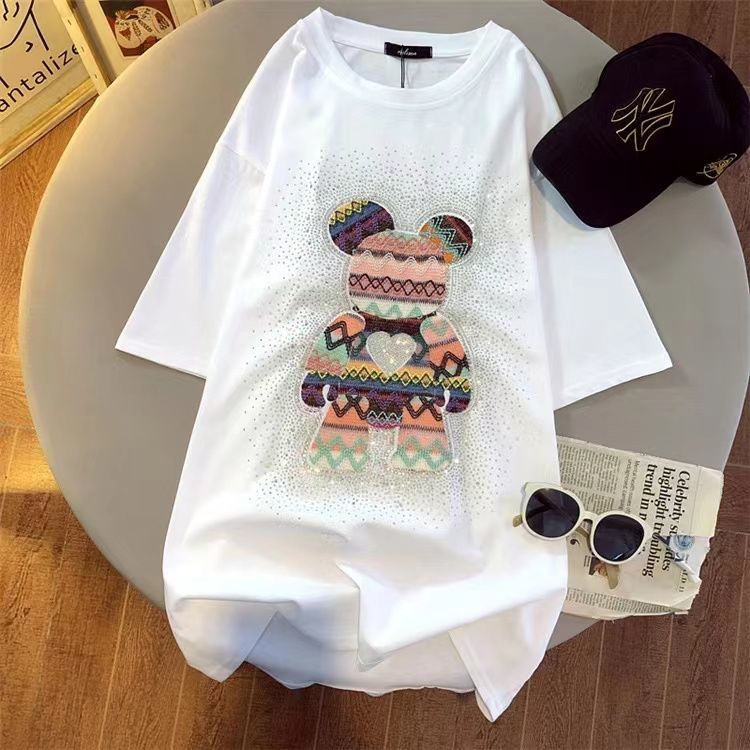 Chic Diamonds Bear Embroidery Cute T Shirts 5XL Oversized Loose Summer Cotton Y2k Tops Japan Kawaii Harajuku White Graphic Tee Street King Limited