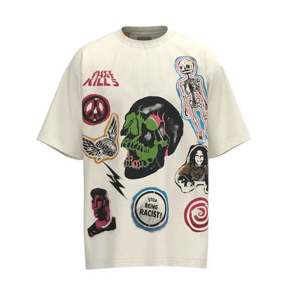 European and American dark skull print European and American high street loose short-sleeved T-shirt for men and women, trendy Street King Limited
