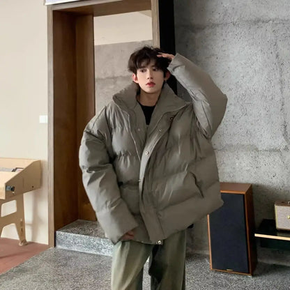 Winter Korean style stand up collar trend PU leather men and women high-end feeling thick cotton jacket couple loose casual top Street King Limited