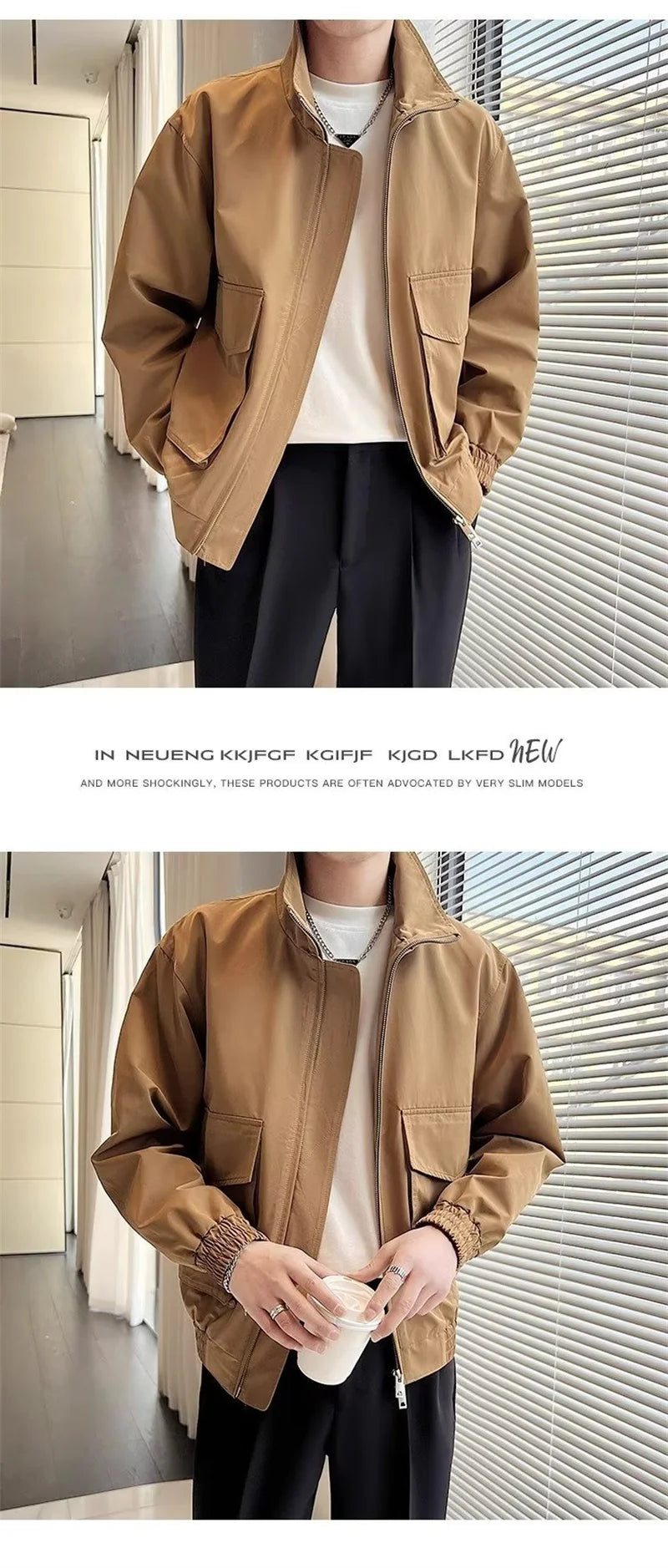 autumn solid color cargo jackets for men new korean fashion zipper cardigan coats stand collar streetwear bomber jacket hombre unique cargo style 1663