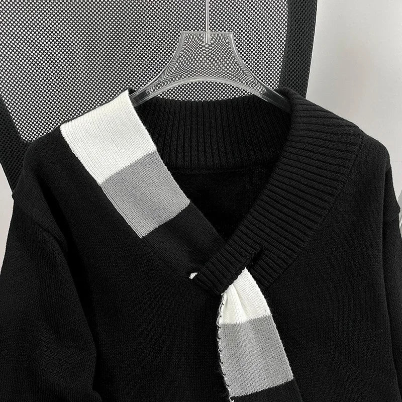 New Men's Scarf Collar Striped V-neck Sweater Female Long Sleeve Autumn Knitted Jumpers Korean Fashion Y2K Patchwork Knitwear Street King Limited