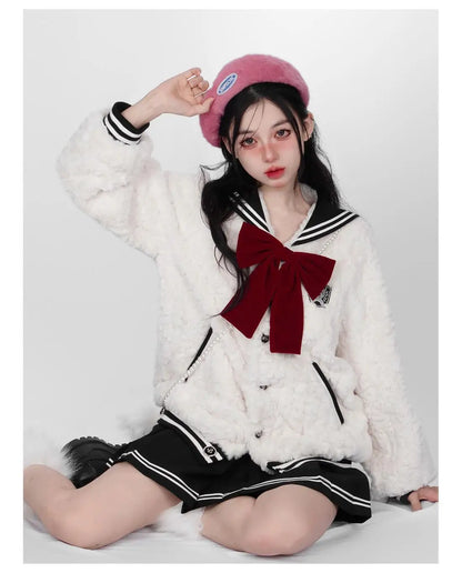 Harajuku Sweet Thicknecked Bow College Coat Woman Zip Up Hoodie Sailor Suit Plush Hoodies Women 2023 Streetwear Goth Y2k Clothes Street King Limited