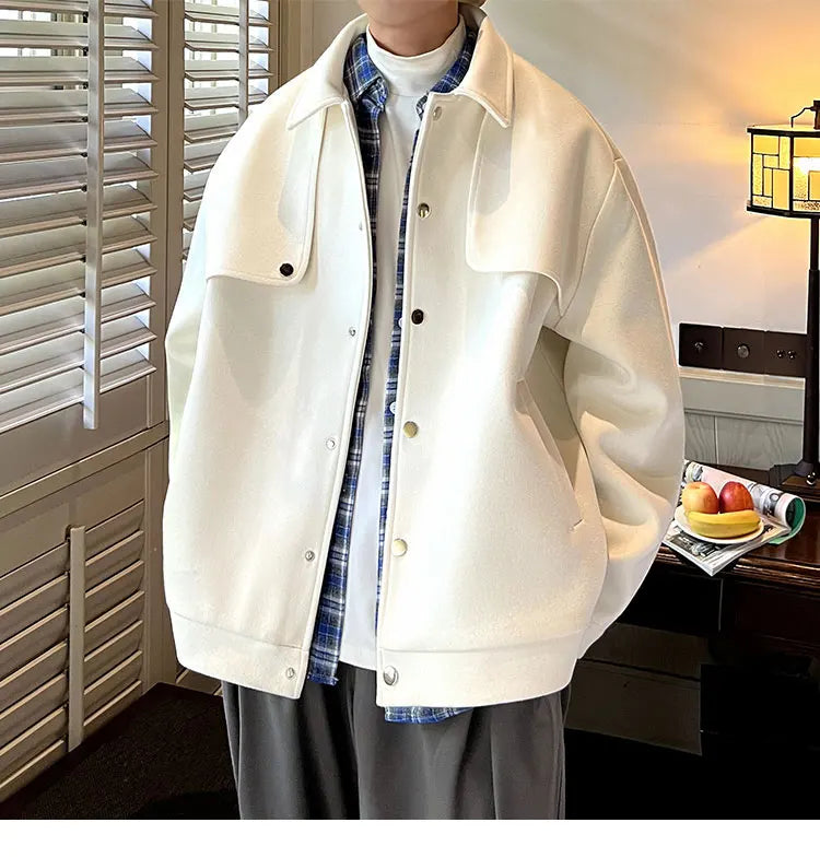 Winter Short Woolen Coat Men Warm Retro Thickened Woolen Jacket Men Streetwear Korean Loose Woolen Coat Mens Oversized Overcoat Street King Limited