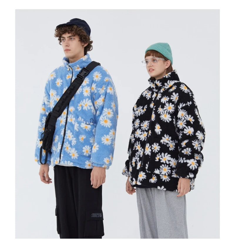 rainbowtouches cotton padded thick parkas jackets streetwear hip hop daisy print fleece warm full zip coats harajuku outwear unique default style 4399