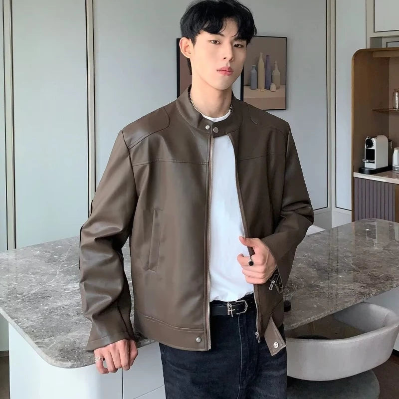 retro american street leather jacket mens autumn 2024 motorcycle standing collar trendy short coat zipper loose bomber outwear summer street shorts