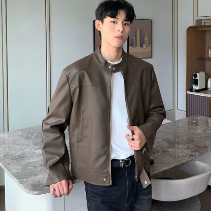 retro american street leather jacket mens autumn 2024 motorcycle standing collar trendy short coat zipper loose bomber outwear summer street shorts