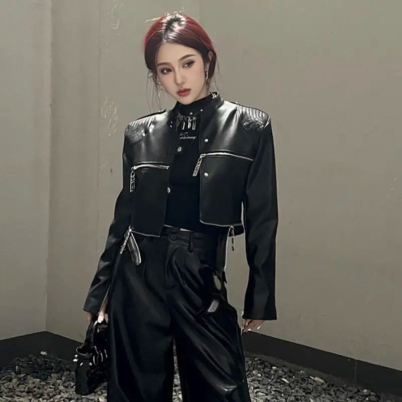 european and american heavy industry multi zipper design spider web shoulder pad leather jacket for women 2024 new jacket top urban fashion pants