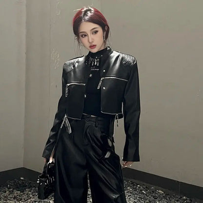 european and american heavy industry multi zipper design spider web shoulder pad leather jacket for women 2024 new jacket top urban fashion pants