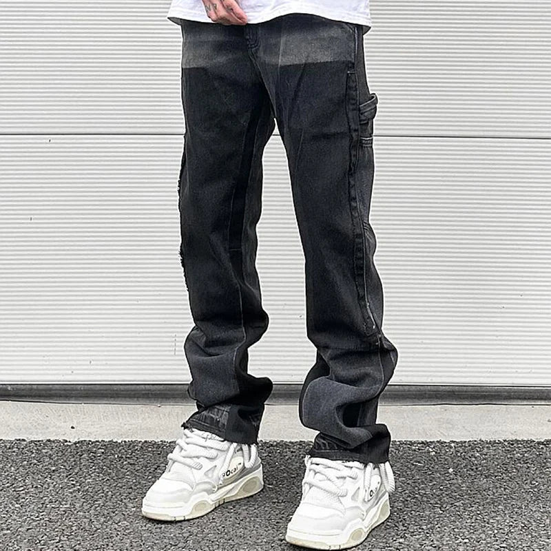 high street patchwork ripped black jeans pants for men straight retro casual sashes pockets denim trousers oversized loose jean stacked flare jeans