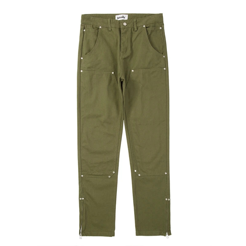 harajuku ankle zipper solid color straight casual mens cargo pants retro high street pockets hip hop baggy oversized trousers utility cargo pants