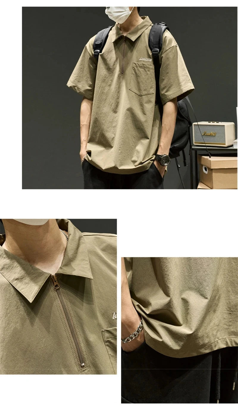 Streetwear Summer Short Sleeve Lapel Polo Shirt Mens Letter Embroidery Zipper Gol Summer Short Sleeve Lapel Polo Shirt Mens Letter Embroidery Zipper Golf Wear 2024 Korean Fashion Streetwear Loose Tee Shirts Fashion Sweater Jacket With Graphic Design For Men