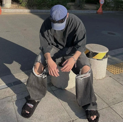 baggy damaged heavy industry washed jeans pants vibe loose casual silhouette straight worn pants knee ripped denim trousers ripped baggy denim