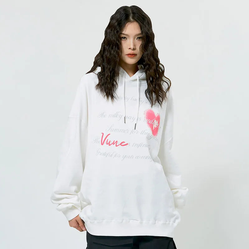 Hip Hop Men's Multi Letter Graffiti Hit Color Heart Graphic Print Hooded Sweatshirt Autumn Oversized Rib Sleeve Hoodies Unisex Street King Limited
