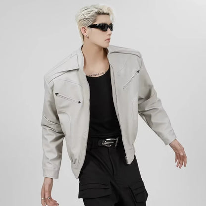 short pu leather jacket men shoulder pad stand collar trend bomber outwear 2023 korean streetwear zipper unisex motorcycle coat drawstring street shorts