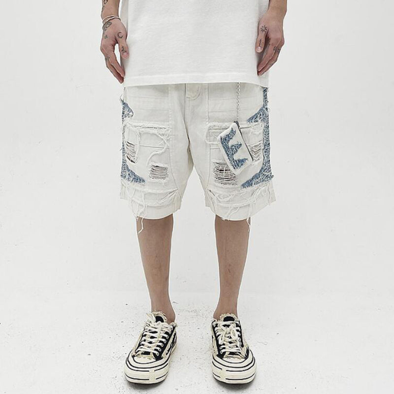 Mens High Street Denim Jean Shorts Casual Loose Destroyed Ripped Holes Loose Shorts Patchwork Hip Hop Streetwear Short Joggers Street King Limited