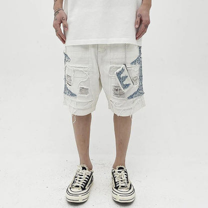 Mens High Street Denim Jean Shorts Casual Loose Destroyed Ripped Holes Loose Shorts Patchwork Hip Hop Streetwear Short Joggers Street King Limited