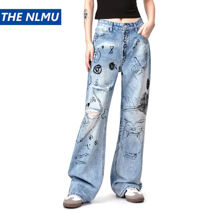 men baggy ripped jeans graffiti printed straight denim pants distressed jeans male streetwear hip hop jeans trousers y2k denim street jeans