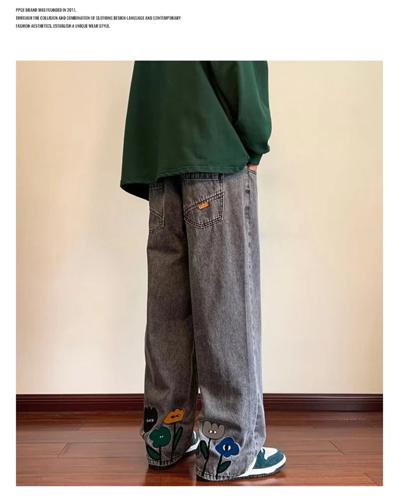 new mens y2k flower printed baggy jeans 2025 streetwear american casual denim wide leg pants hombre vintage straight trousers unique jeans style 669