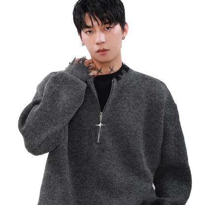 American High Street Mens Sweater 2024 New Autumn Half Zipper Fashion Knitted Tops Damaged Hip-hop Irregular Hem Pullover Street King Limited