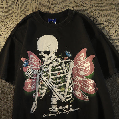 American retro street men and women personality skull butterfly print summer couple trend casual short sleeved top harajuku y2k Street King Limited