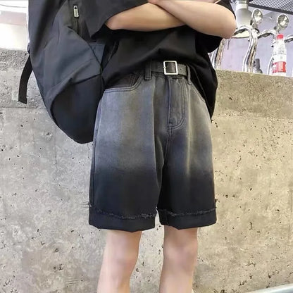 Summer Gradient Denim Shorts Men's Fashion Retro Denim Shorts Mens Streetwear Korean Loose Hip-hop Straight Denim Shorts Men Street King Limited