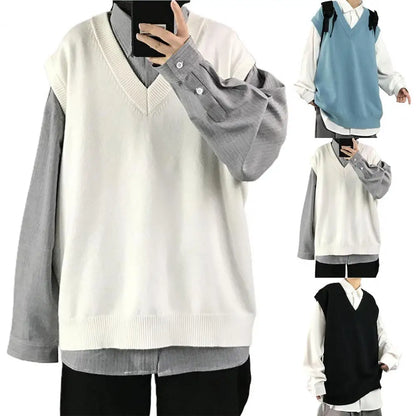 Men Sweater Vest V Neck Solid Color Sleeveless All Match Spring Sweater for School Male Pullovers Men's Clothing Streetwear Street King Limited