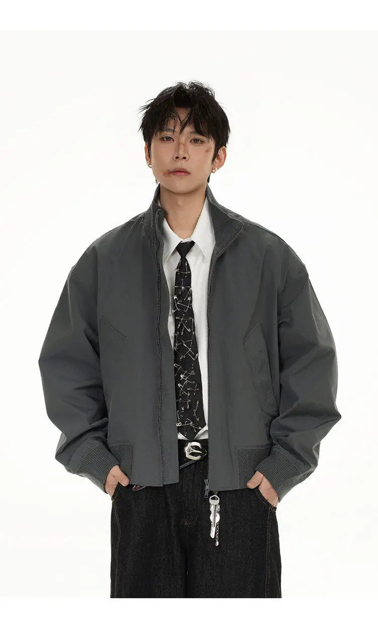 short design stand collar bomber jacket men korean streetwear fashion loose casual vintage bomber jacket coat cityboy outerwear unique shorts style 518