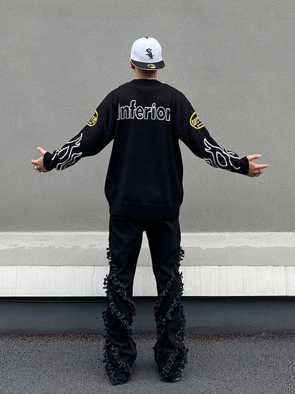Hip Hop Knitted Sweater Men Letter Fire Pattern O-neck Pullover Streetwear Casual Loose Sweater Unisex Harajuku Jumpers Knitwear Street King Limited
