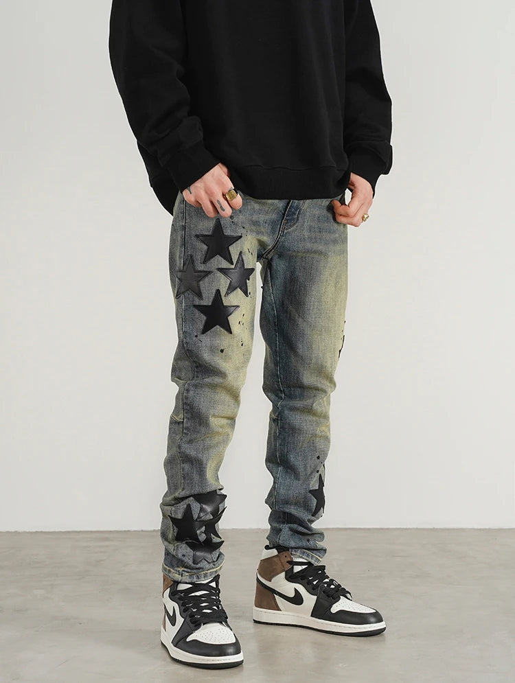star appliques denim jeans skinny trousers slim fit men new casual biker jeans fashion streetwear hip hop trousers pants joggers unique joggers style 2543