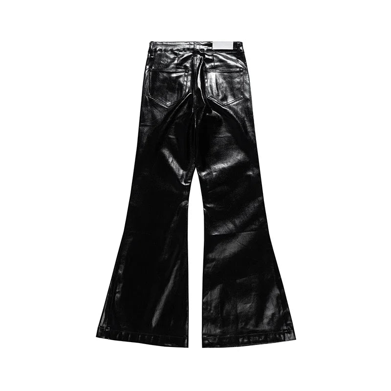 high street wide leg glossy pu leather pants sashes boot cut men and wome straight baggy casual jeans oversized flared trousers unique jeans style 3627