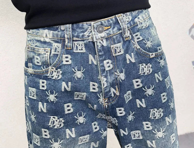 men jacquard streetwear hip hop vibe casual straight denim jeans pants boyfriend high street ripped jeans trousers unique jeans style 3008